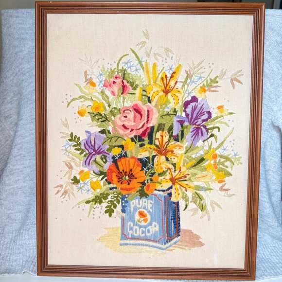 Handmade Other - VTG Handmade Crewel Embroidery Floral Bouquet Pure Cocoa Tin Framed Art 21x17